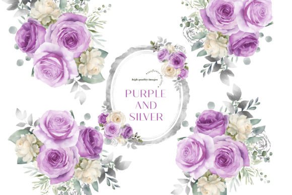 Download Purple Silver Roses Greenery Clipart - Premium Bundle